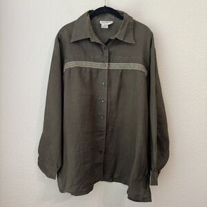Vintage Naji Ahdoot Blouse Top Womens Size 2X Linen Green Button Front Lagenlook